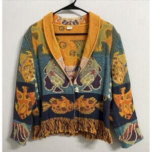 Vintage Sandy Starkman Tropical Fish Fringed Quilt Blazer Size Large